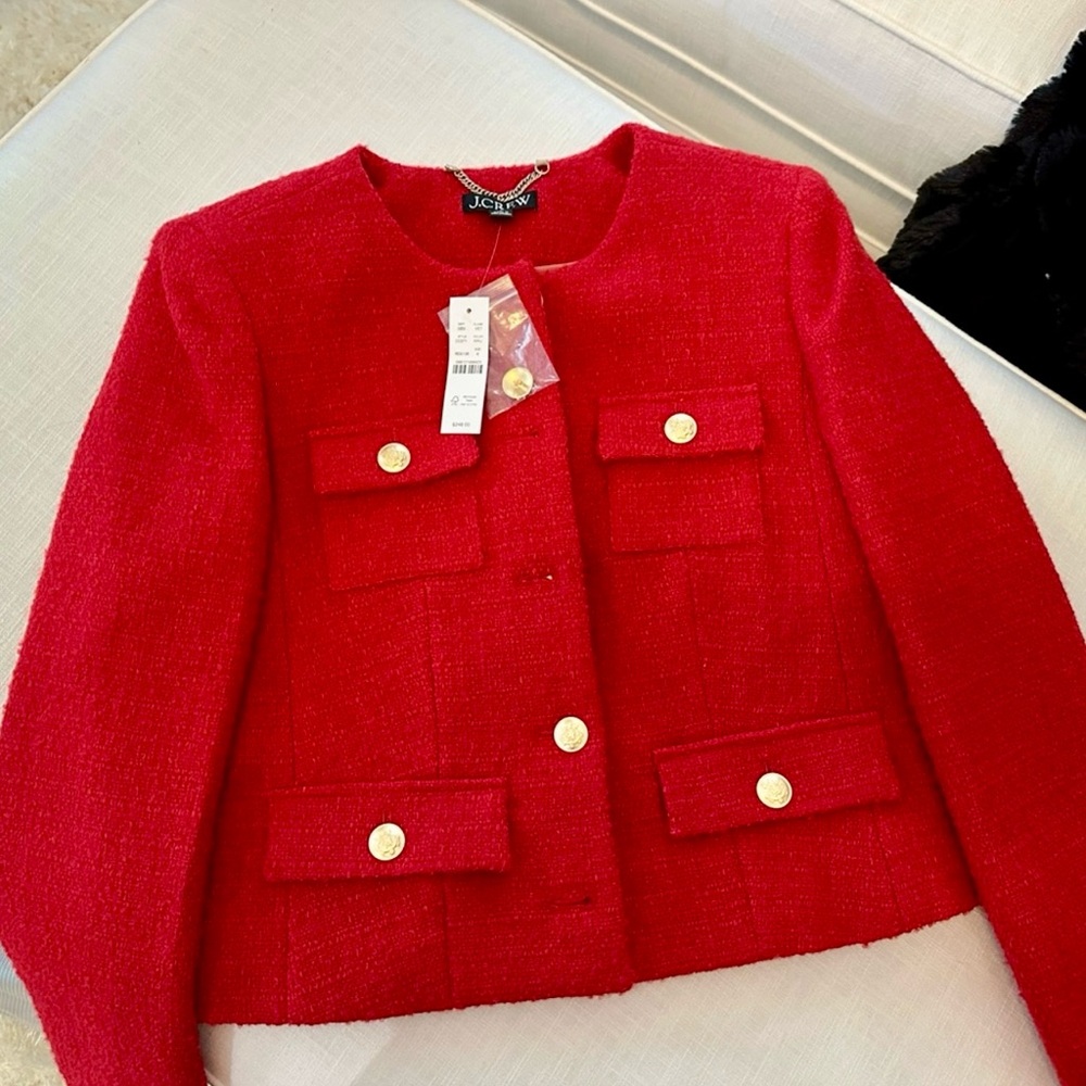 Red J Crew Tweed Jacket NWT with Gold Buttons